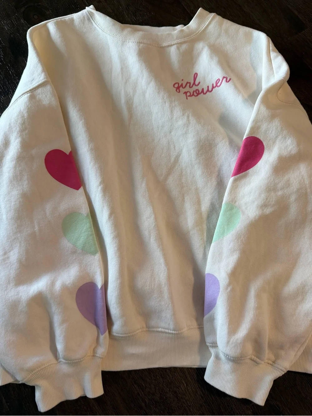 Old Navy White Sweatshirt with Pink, Mint & Lavender Hearts
